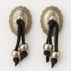 Silver Concho Black Leather Tassel Earrings